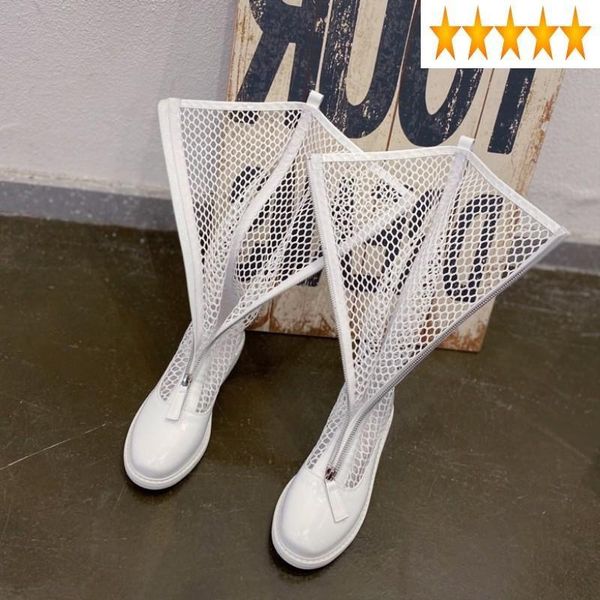 

boots summer women fashion hollow out mesh knee high flat black punk shoes female genuine leather sandals
