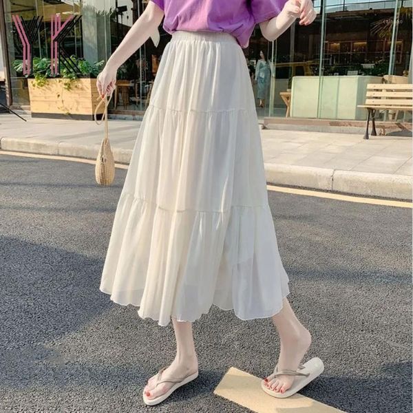 

chiffon elastic high waist white cake long skirt korean fashion aesthetic fairy casual midi 2021 harajuku loose wild saia skirts, Black