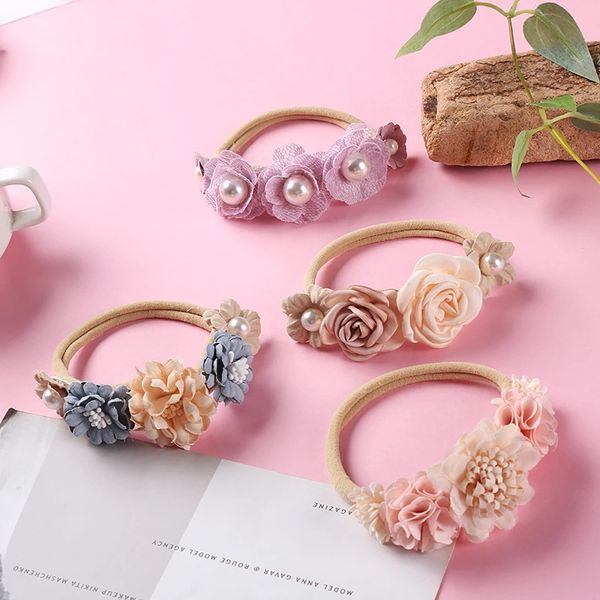 

newborn baby rhinestone pearl lace artificial flower headband nylon headbands kids girl elastic hairbands headwear, Slivery;white