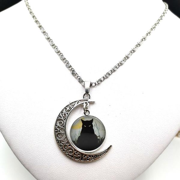

pendant necklaces cat's eye necklace charm longan po glass cabochon handmade black chain ladies men's jewelry, Silver