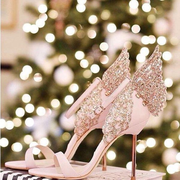 

pink butterfly wing high heel sandals metal heels crystal wedding shoes bride ankle strap cut-out celebrating, Black