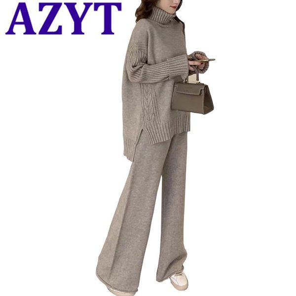 

women's tracksuits azyt 2021 spring women sweater set autumn loose knitted suits 2 piece warm turtleneck and wide leg pants female, Gray