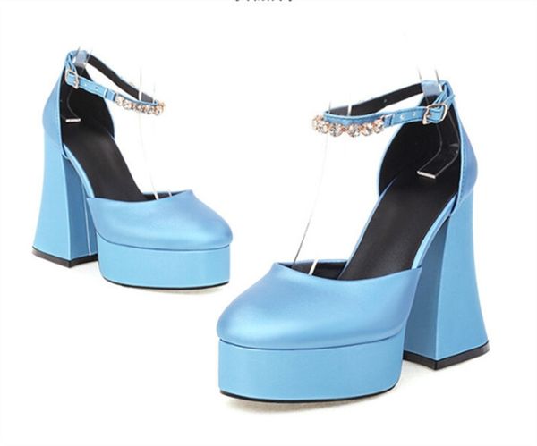 

2022 woman crystal double platform pump dress shoe lady fashion luxurys designers round toe high heel pu sandal rhinestone shoes 35-43, Black