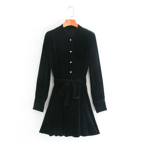 

casual dresses women single breasted sashes velvet mini dress femme long sleeve clothes lady loose vestido d6639, Black;gray