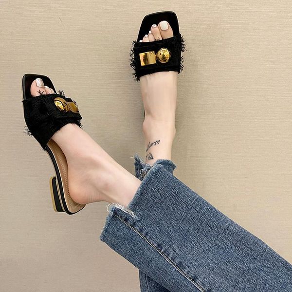 

slippers 2021 summer fashion flat metal decorative soft sole casual women's shoes, Black
