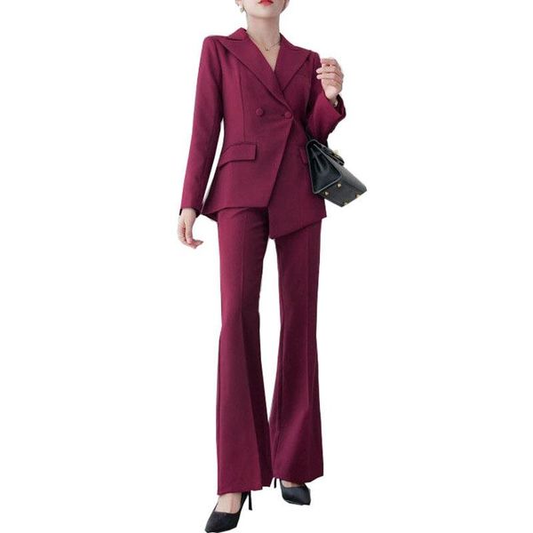 

women's two piece pants suits burgundy suit slim fit double-breasted irregular blazer flares female office wear, White