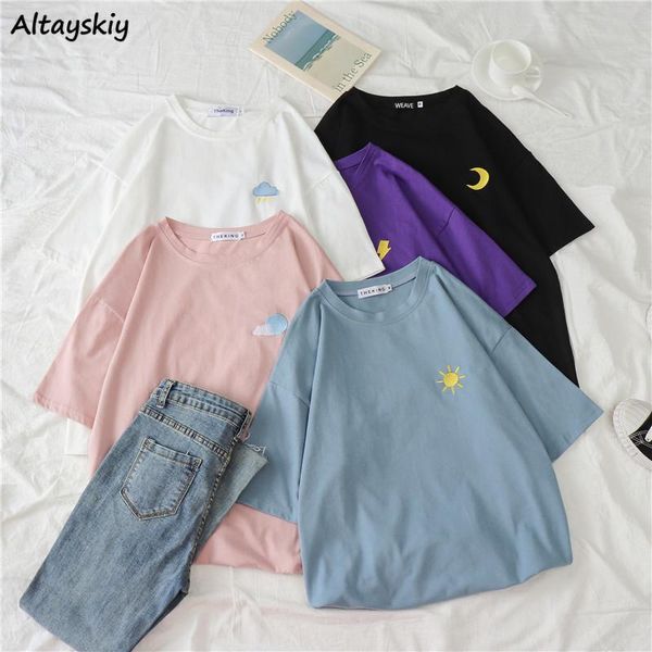 

women short sleeve t-shirts summer embroidery breathable loose soft female kawaii leisure o-neck korean style all-match women's t-shir, White