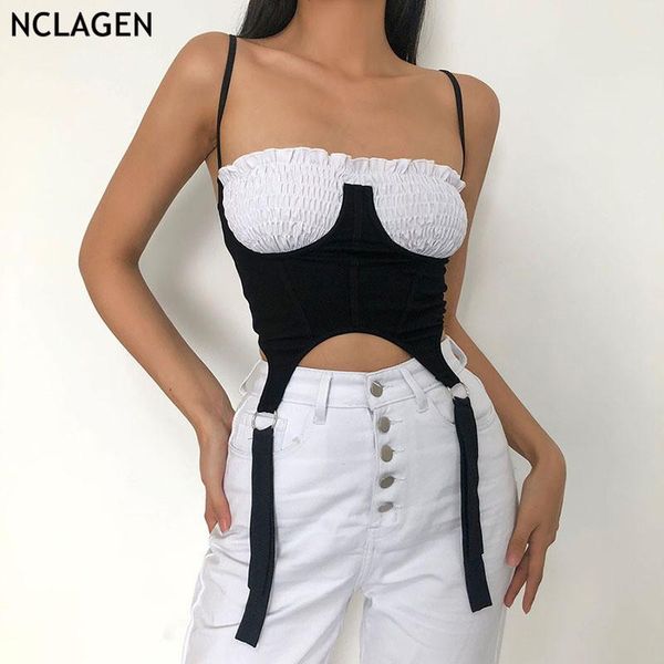 

contrast color patchwork ruched bustier camisole slim fitness corset crop women ribbons active clubwear bodycon tank women's tanks & ca, White
