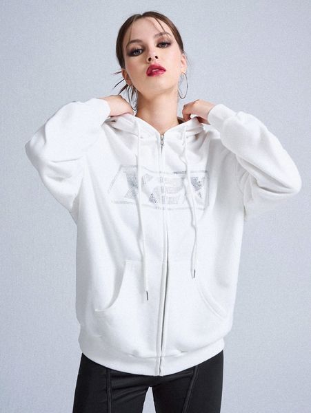 

zip up drawstring letter graphic kangaroo pocket hoodie j6pn#, White;black