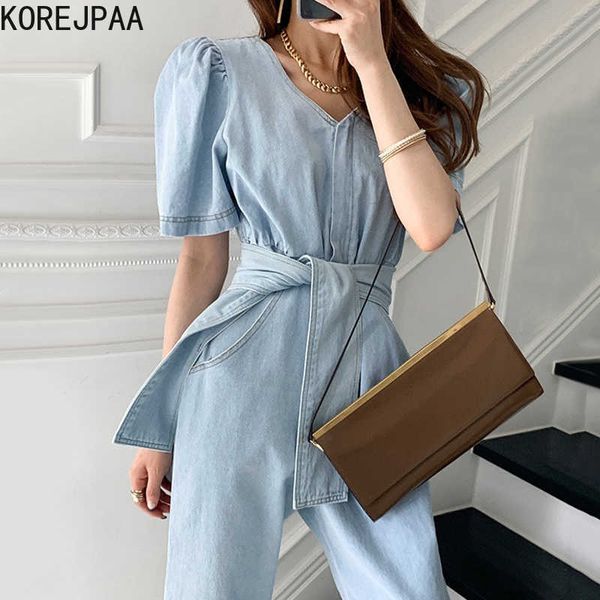 

korejpaa women jumpsuits summer korean chic niche retro v-neck loose tie straight puff sleeve washed blue denim jumpsuit 210526, Black;white