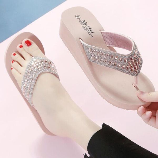 

summer shoes for women fashion rhinestone clip toe sandals non-slip wedges ladies slippers casual beach flip flop zy677, Black