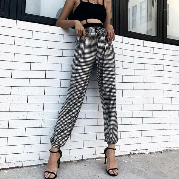 

women's pants & capris fashion bronzing hip-hop trousers women high waist plaid check casual ladies slim fit skinny long pant female, Black;white