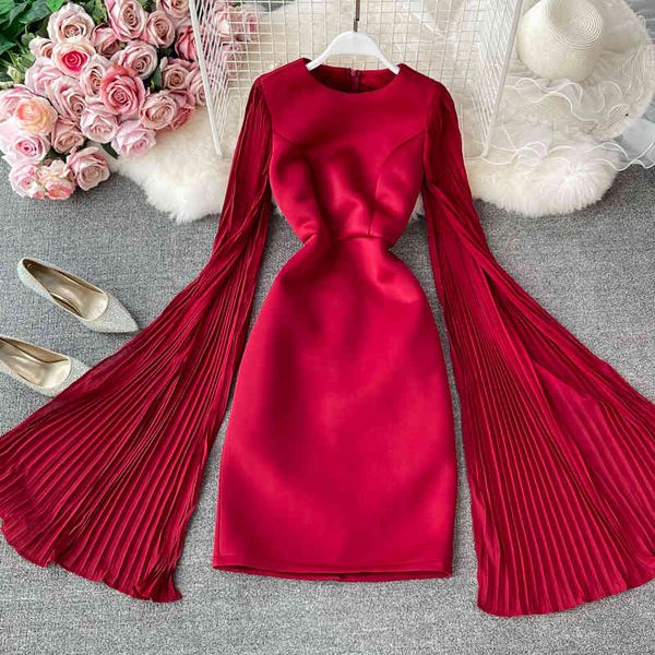 Primavera verão cor sólida mulher elegante vestido de casamento festa de aniversário senhoras plissado manga flared vermelho femme robe 210514