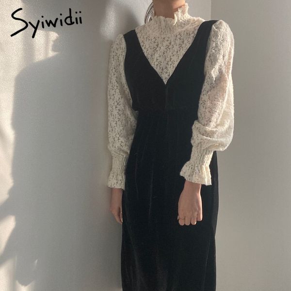 

syiwidii fake 2 piece dresses women hollow out vintage a-line patchwork mesh velour spring black lantern sleeve turtleneck 210417, Black;gray