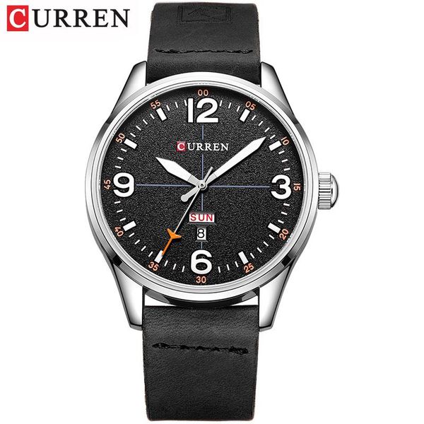 

wristwatches mens watch curren quartz leather strap wristwatch display date week male clock reloj hombre, Slivery;brown