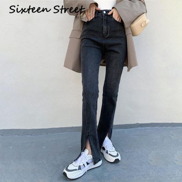 

women's jeans elegant fashion denim high-waist flare for women side split vintage female long pant capris korean style trousers 2021, Blue