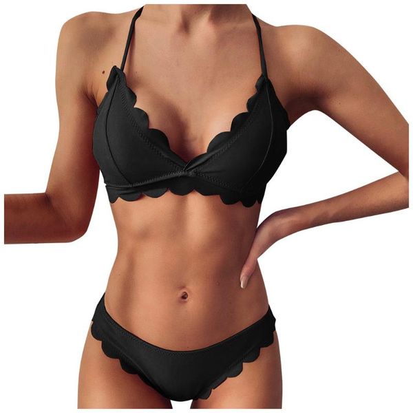 

scalloped bikinis 2021 solid swimsuit women swimwear push up bikini set biquini brazilian summer bathing suit swim wear #g3 women's, White;black