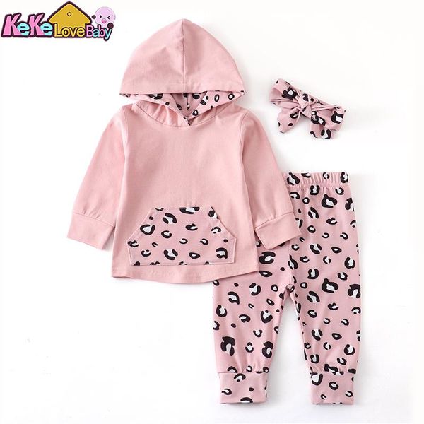 

clothing sets born baby girl clothes pink leopard print long sleeve hooded pants headband infant 3pcs outfits set, White