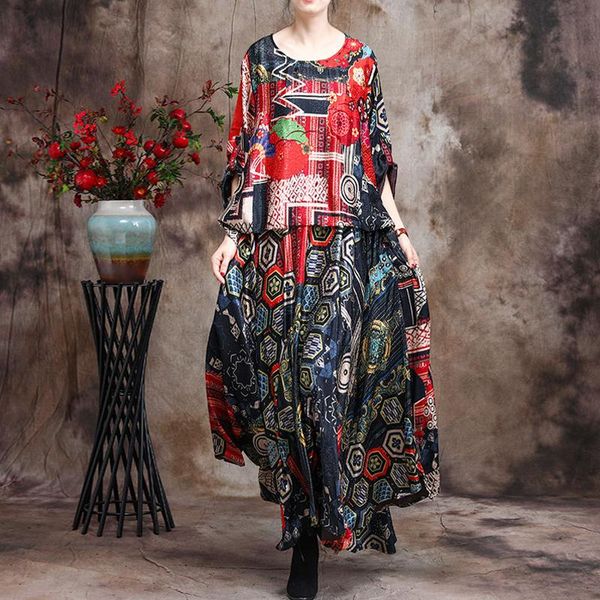 

party dresses johnature women print flower dress patchwork fake two-piece robes 2021 summer o-neck female clothes long, White;black