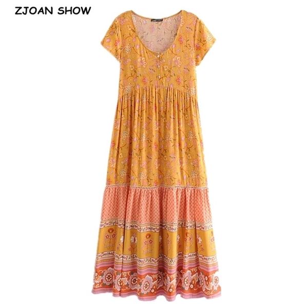 

bohemian location flower print short sleeve dress holiday boho woman v neck side pockets loose straight long dresses beach 210429, Black;gray