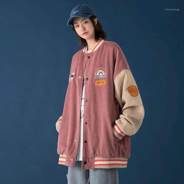 

men's jackets and women's contrast color corduroy baseball uniform jacket 2021 fall college style korean loose outwear, Black;brown