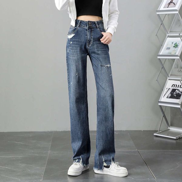 

wide leg women's autumn version high waist, thin, loose, rough edged fashion, Blue