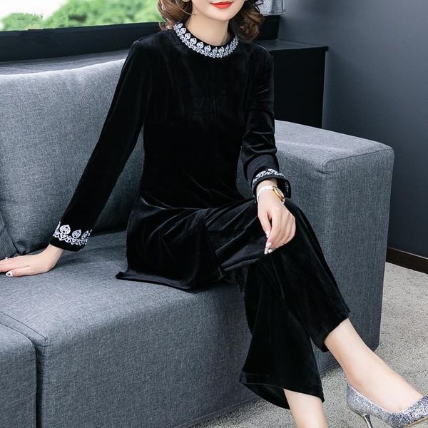 

two piece dress 2021 autumn winter fashion velvet suit set middle-aged loose splice + wide leg pant plus size -5xl cc1615, White