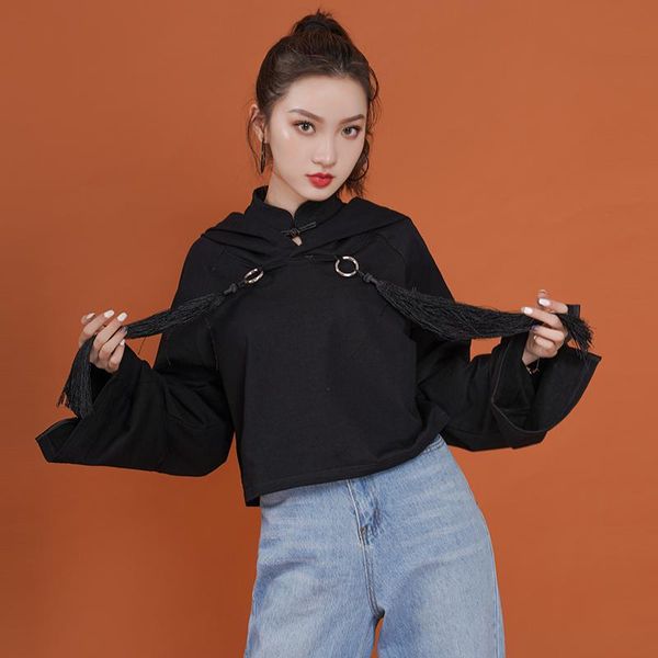 

women's hoodies & sweatshirts sweetxue women short tassel 2021 hooded crop cotton black autumn harajuku casual pullovers female