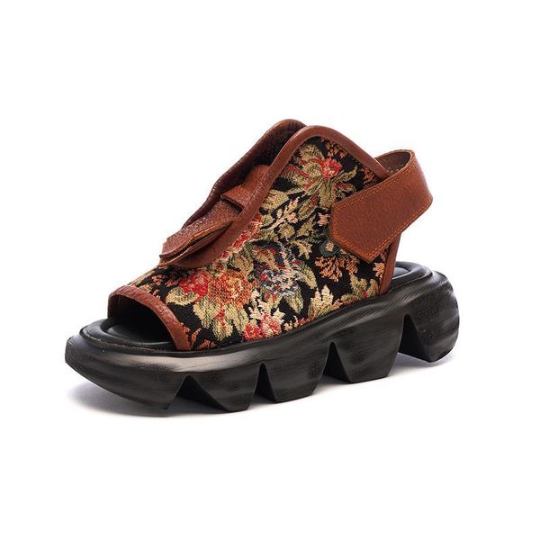 

sandals platform genuine leather embroidered women shoe hook & loop retro flat with sewing handmade ladies l5x1, Black