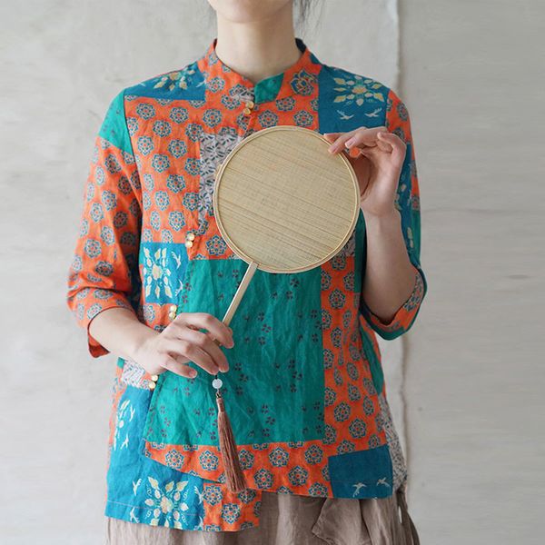 

johnature summer chinese style retro print button irregular shirt cotton linen three quarter sleeve all-match women 210521, White