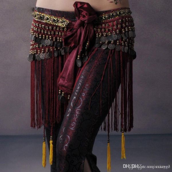 

dresses for womens ethnic tribal belly dancing coin belt women gypsy dance velvet fabric with copper coins beads tassel hip scarf, Black;red