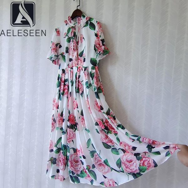 

casual dresses aeleseen bohemain summer women dress 2021 ruffles flare sleeve rose sunflower print diamond button long beach party, Black;gray