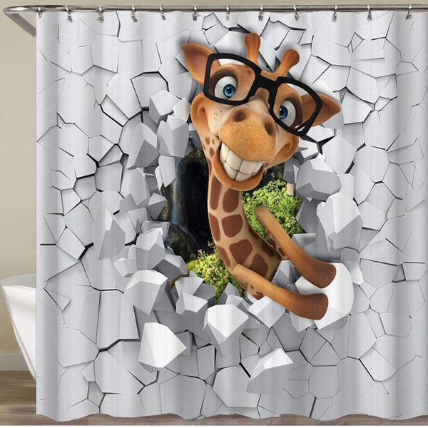 

shower curtain,3d cartoon little giraffe peeping from a broken wall on white background,polyester fabric waterproof bath