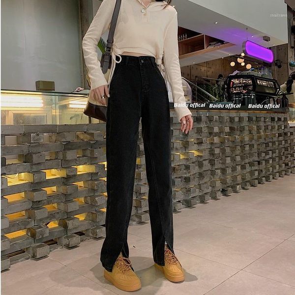 

women's pants & capris split jeans girl spring and autumn clothes 2021 junior high school students loose straight mop wide leg trousers, Black;white