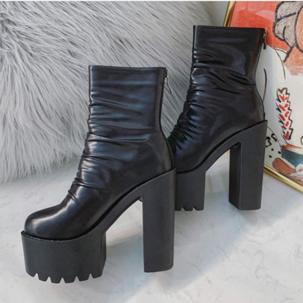 

boots autumn winter platform high heels back zipper black white short for women waterproof gothic shoes