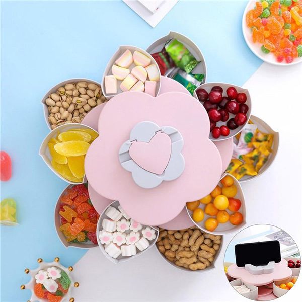 

storage bottles & jars 2-layer rotating petal candy box plastic snack tray case nut rotation dried fruit plate wedding gift home organizer