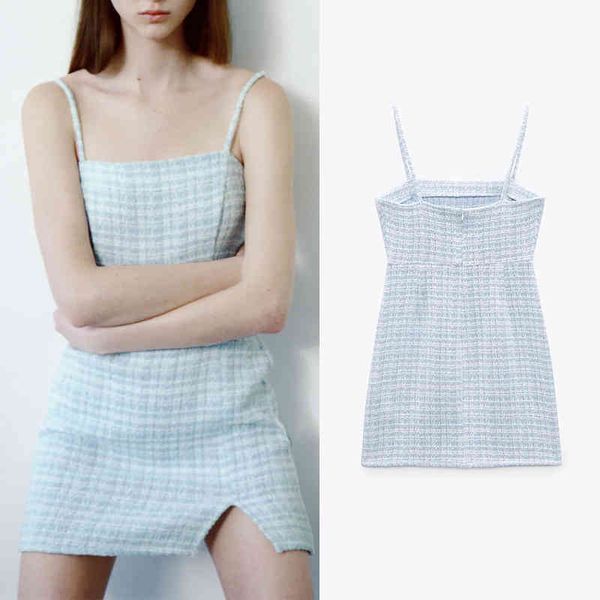 

za summer women camisole dress plaid printed a-line dresses back zipper lady party vestido elegant backless causal outfits 210422, Black;gray