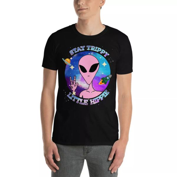 

vintage stay trippy little hippie cool alien ufo rocket science astronaut shirt, White;black