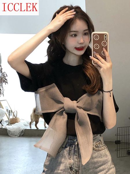 

women's t-shirt bow tie black short sleeve for summer 2021 loose and versatile bottom coat design, White