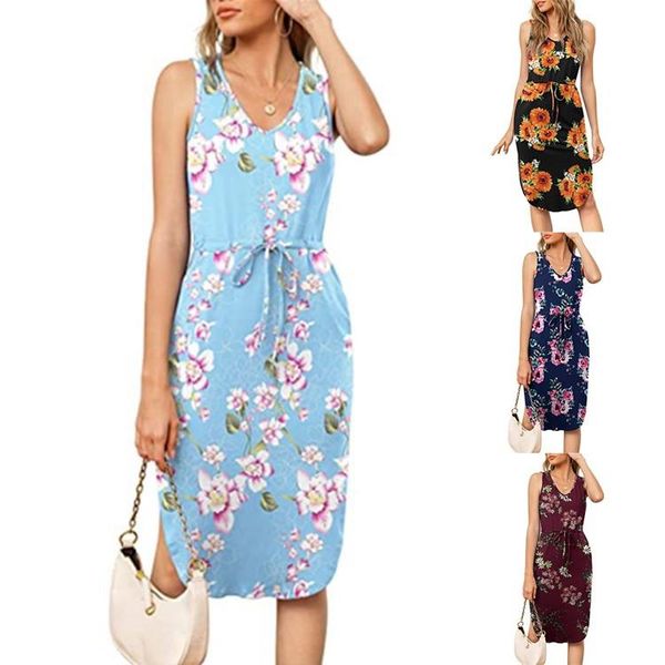 

casual dresses women's summer dress v-neck sleeveless side slit drawstring waist mid-length vacation streetwear vestidos, Black;gray