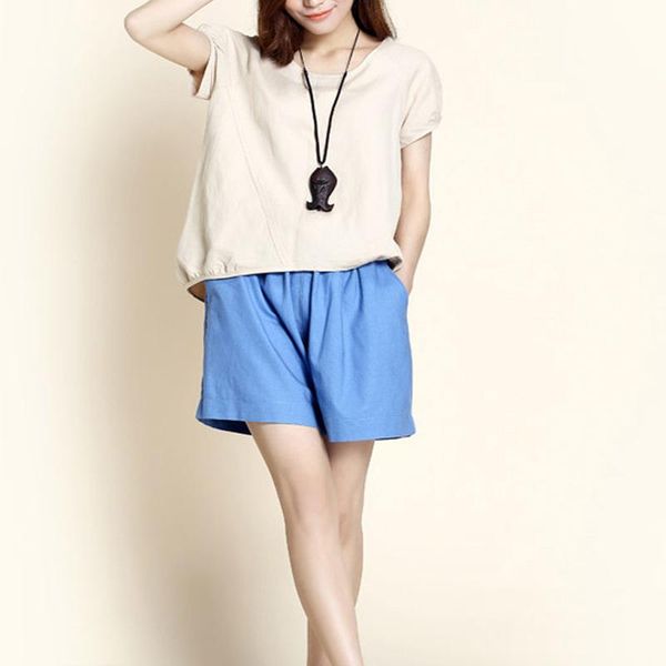 

women's shorts summer women comfy cotton linen short pants wide leg high waist female casual solid color loose clothing, White;black