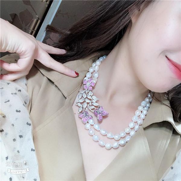 

chains hand knotted 2 rows natural white baroque alien pearl necklace micro inlay zircon accessories fashion jewelry, Silver