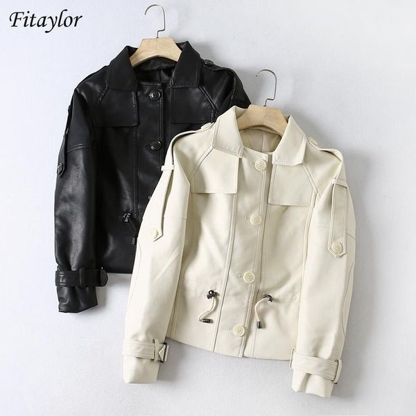 

fitaylor autumn pu faux leather jacket women classic single breasted coat vintage locomotive outerwear retractable waist women's &, Black