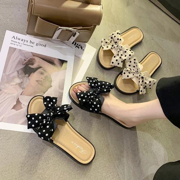 

slippers bow women wear korean women's shoes flowers beach sandals and ins flat fashion, Black