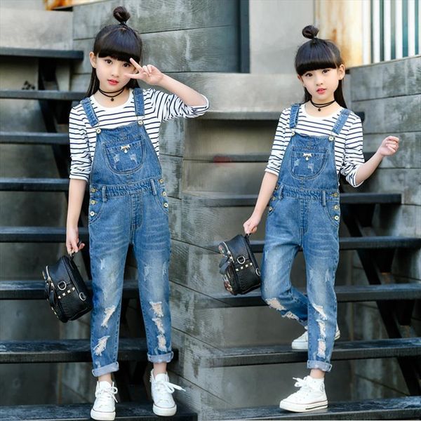 

spring hole ripped jeans for girl kids clothing denim jumpsuit overall garcon clothes children trousers 4 6 9 12 year, Blue