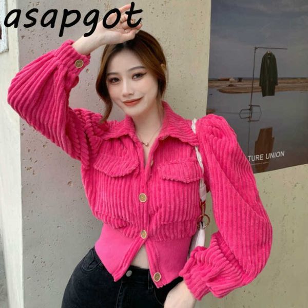 

solid puff long sleeve lapel corduroy women jacket short autumn chic fashion retro loose coat single-breasted cardigan 210610, Black;brown
