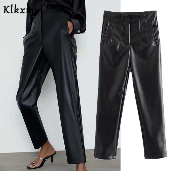 

klkxmyt za pants women fashion faux leather skinny vintage high waist side pockets female ankle trousers mujer 210527, Black;white