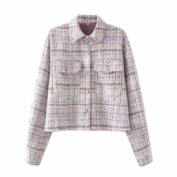 

women's jackets fall 2021 fashion casual short plaid shirt jacket lapel single-breasted long-sleeved two-pocket top, Black;brown