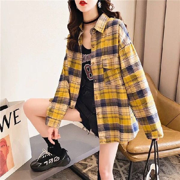 

women's knits & tees plaid women shirt spring long sleeve korean girls blouse casual pink cotton turn down collar streetwear ladie, White