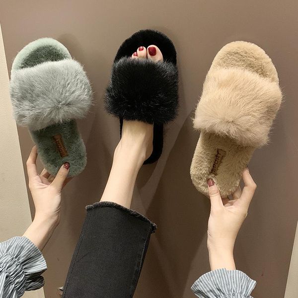 

slippers outside open toe women shoes real hair woman fur female autumn winter zapatos de mujer, Black
